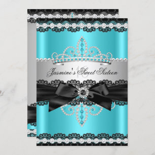 Teal Silver Black Lace Sweet 16 Birthday Party Invitation