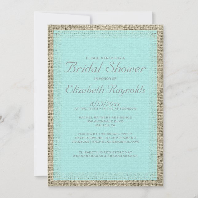Teal & Silver Burlap Bridal Shower Invitations (Front)
