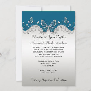 Teal Silver Butterflies 25th Anniversary Invitation
