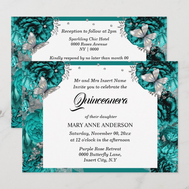 Teal silver butterfly elegant rose quinceanera  invitation (Front/Back)