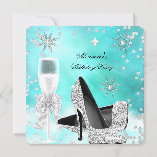 Teal Silver Champagne High Heels Birthday Invitation (Front)