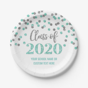 Teal Silver Confetti Graduation 2020 Paper Plate
