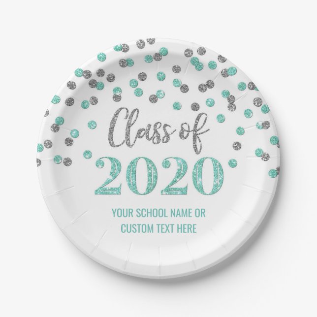 Teal Silver Confetti Graduation 2020 Paper Plate (Front)