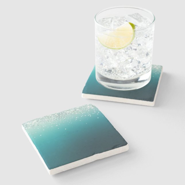 Teal Silver Confetti Stone Coaster (Side)