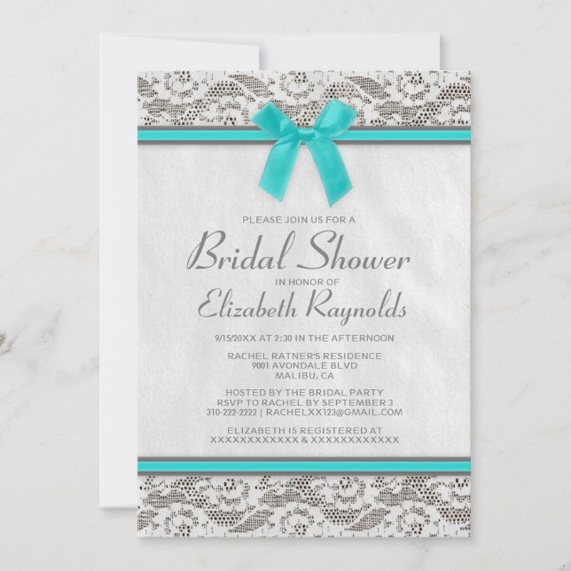 Teal Silver Country Lace Bridal Shower Invitations (Front)