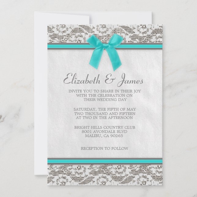 Teal & Silver Country Lace Wedding Invitations (Front)