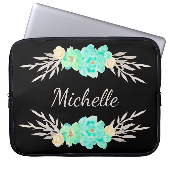 Teal & Silver Custom Monogram Laptop Sleeve (Front)
