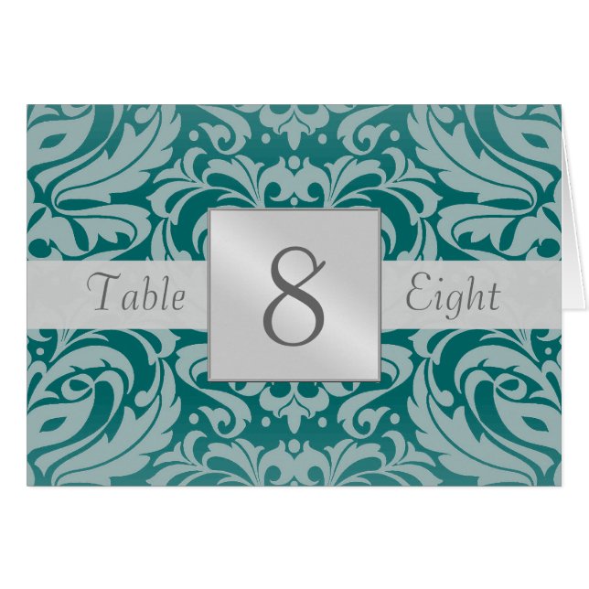 Teal & Silver Damask Table Number Folded Card (Front Horizontal)