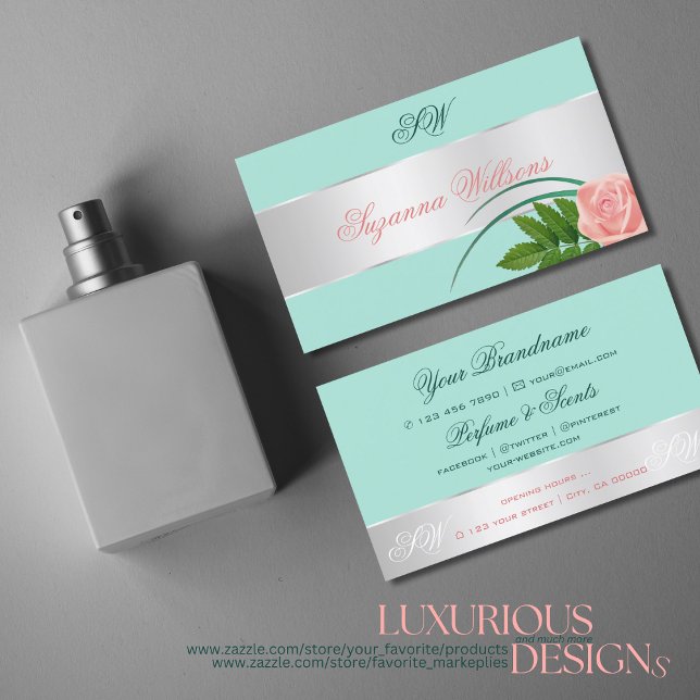 Teal Silver Decor Cute Rose Flower with Initials Business Card (Creator Uploaded)