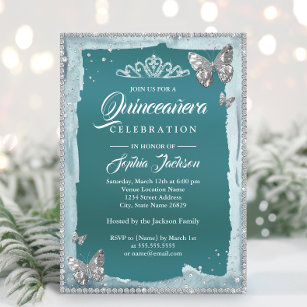 Teal Silver Diamond Butterfly Sparkle Quinceanera Invitation