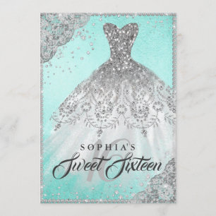 Teal Silver Diamond Sparkle Gown Sweet Sixteen Invitation
