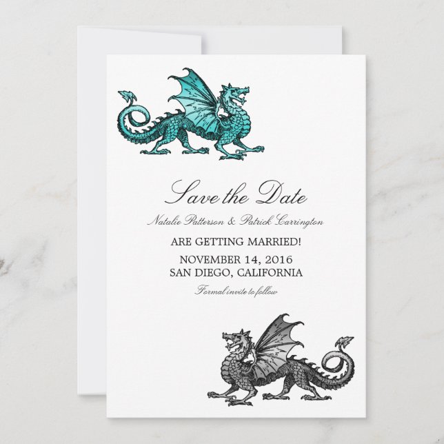 Teal Silver Dragon Save the Date Invite (Front)