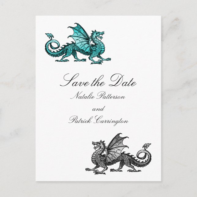 Teal Silver Dragon Save the Date Postcard (Front)