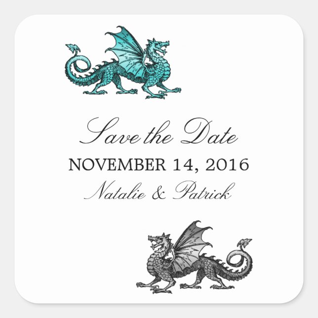 Teal Silver Dragon Save the Date Stickers (Front)