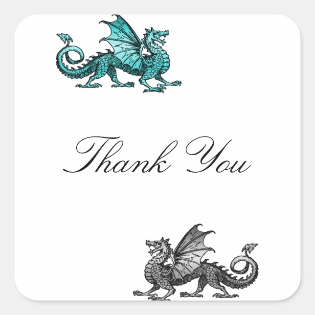 Teal Silver Dragon Thank You Stickers (Front)