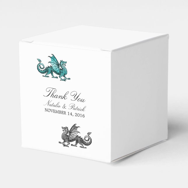 Teal Silver Dragon Wedding Favour Boxes (Front Side)