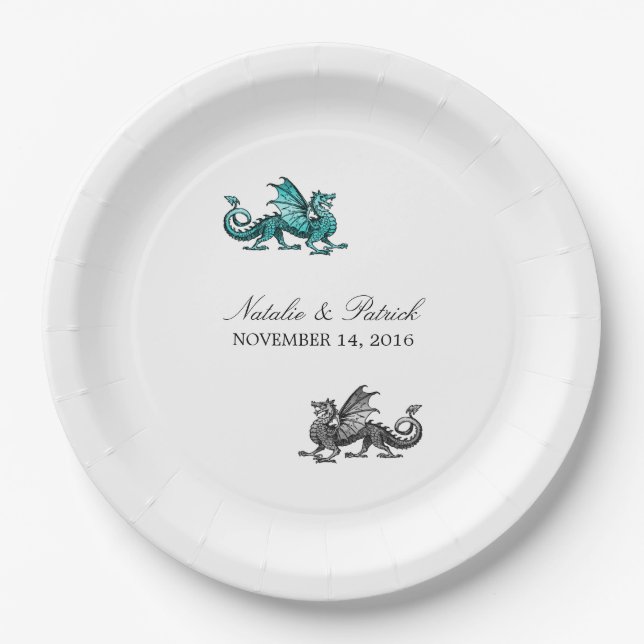 Teal Silver Dragon Wedding Paper Plates (Front)