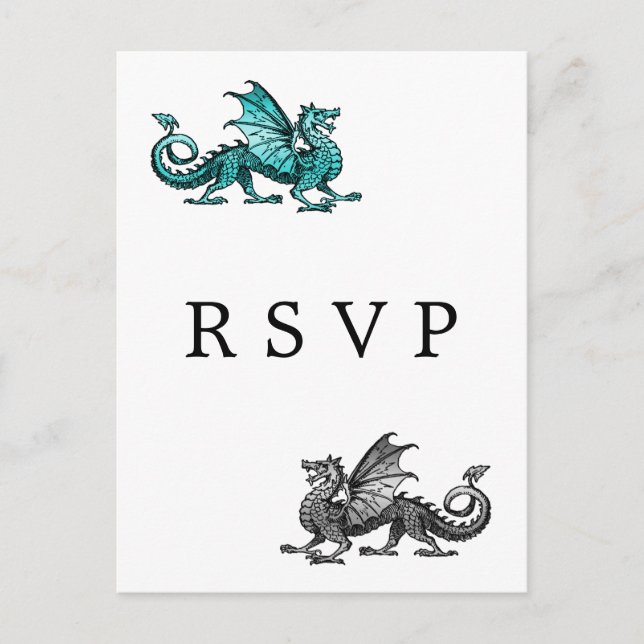 Teal Silver Dragon Wedding RSVP Postcard (Front)