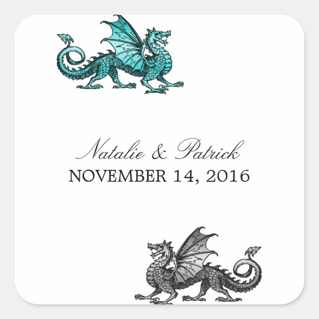 Teal Silver Dragon Wedding Stickers (Front)