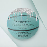 Teal Silver Drip Basketball Invitation