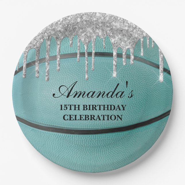 Teal Silver Drip Basketball Paper Plate (Front)