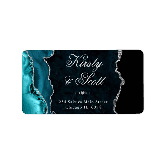 Teal  & Silver Faux Glitter Agate Wedding Label (Front)