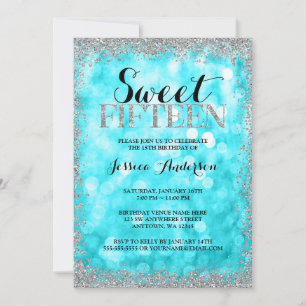 Teal Silver Faux Glitter Lights 15th Quinceanera Invitation