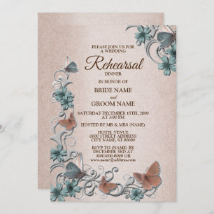 Teal Silver Floral Butterfly Tan Rehearsal Dinner Invitation