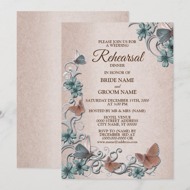 Teal Silver Floral Butterfly Tan Rehearsal Dinner Invitation (Front/Back)