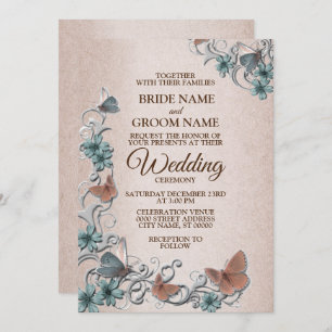 Teal Silver Floral Copper Butterfly Tan Wedding In Invitation