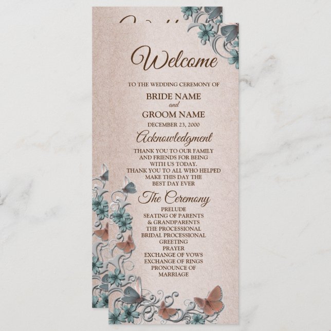 Teal Silver Floral Copper Butterfly Tan Wedding Program (Front/Back)