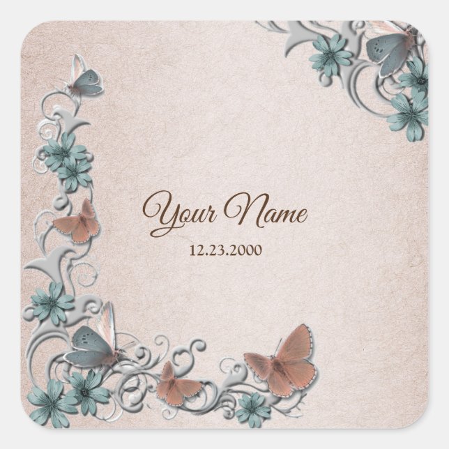 Teal Silver Floral Copper Butterfly Tan Wedding Square Sticker (Front)