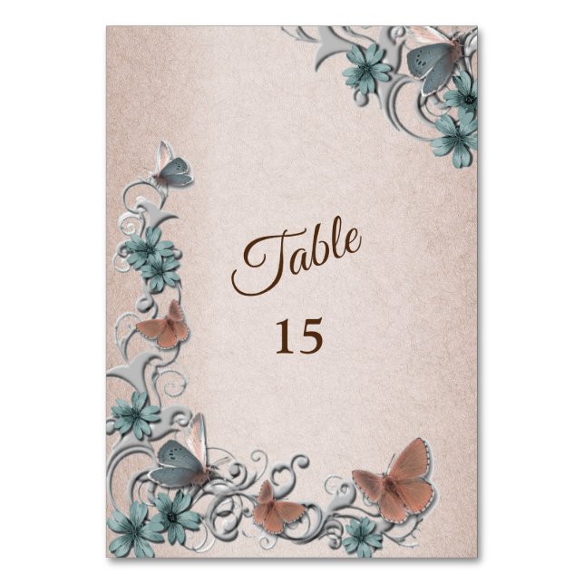 Teal Silver Floral Copper Butterfly Tan Wedding Table Number (Front)