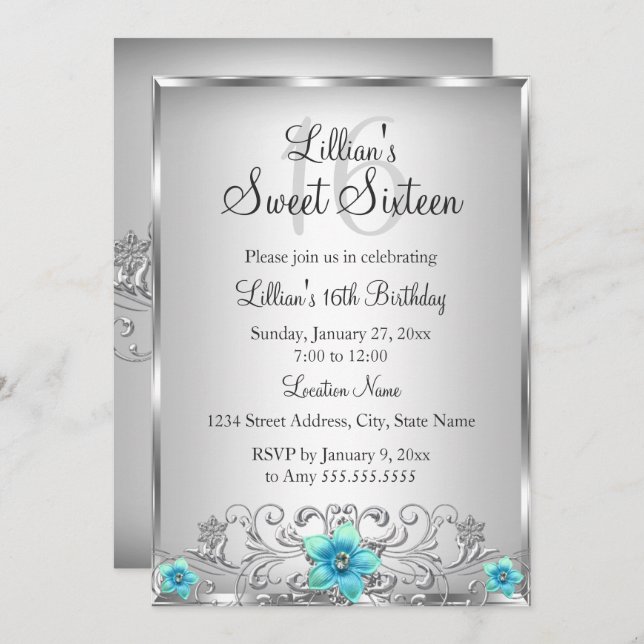 Teal Silver Floral Swirl Sweet 16 Invitation (Front/Back)