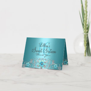 Teal Silver Floral Swirl Sweet 16 Thank You Card