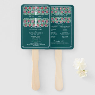 Teal Silver Floral Sword Royal Wedding Program Hand Fan