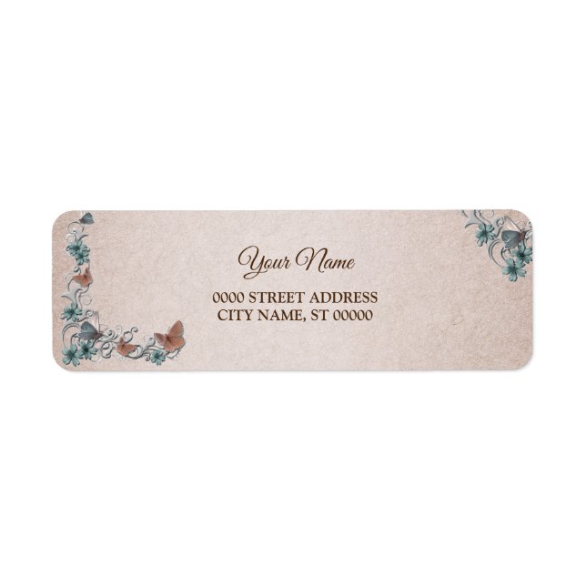 Teal Silver Floral Tan Wedding Return Address Label (Front)