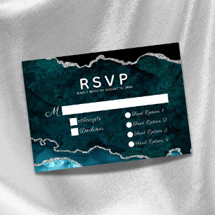 Teal Silver Food Options Agate Wedding RSVP Card