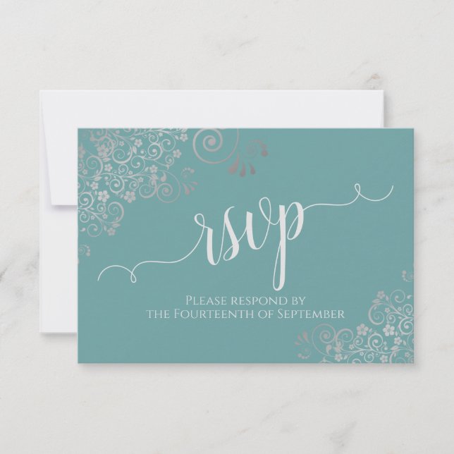 Teal & Silver Frills Elegant Calligraphy Wedding RSVP Card (Front)