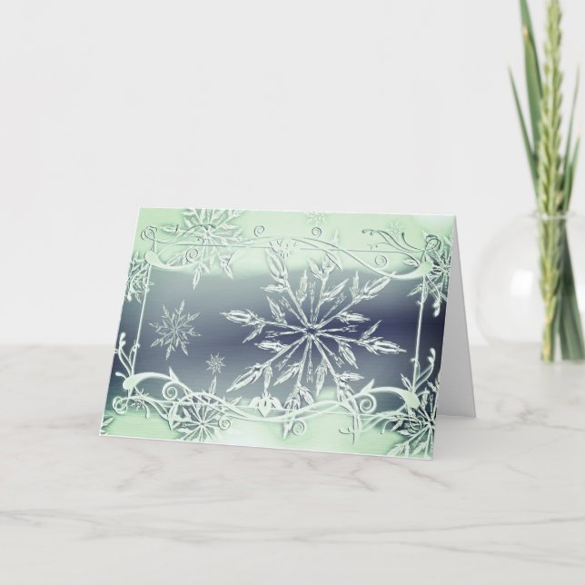 Teal silver frost ice crystal elegant snowflake  card (Front)