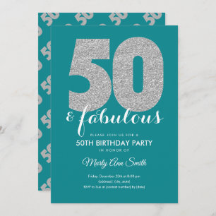 Teal Silver Glitter 50 & Fabulous Birthday Party Invitation