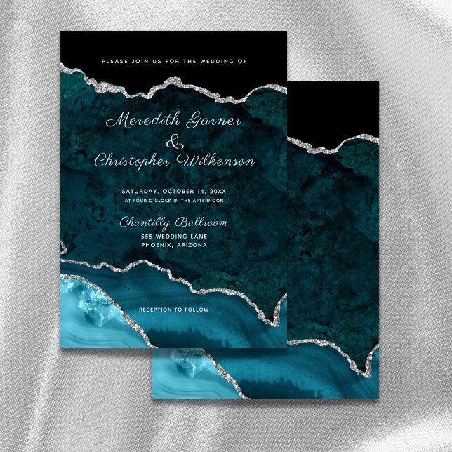 Teal Silver Glitter Agate Geode Wedding Invitation (Creator Uploaded)