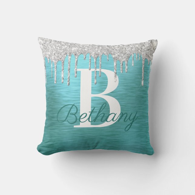 Teal Silver Glitter Brushed Metal Monogram Name Th Cushion (Front)