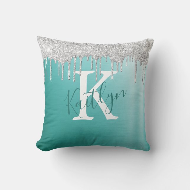Teal Silver  Glitter Brushed Metal Monogram Script Cushion (Front)