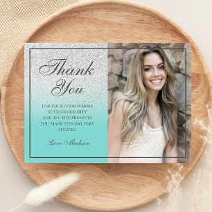 Teal Silver glitter chic photo thank you Sweet 16 Card
