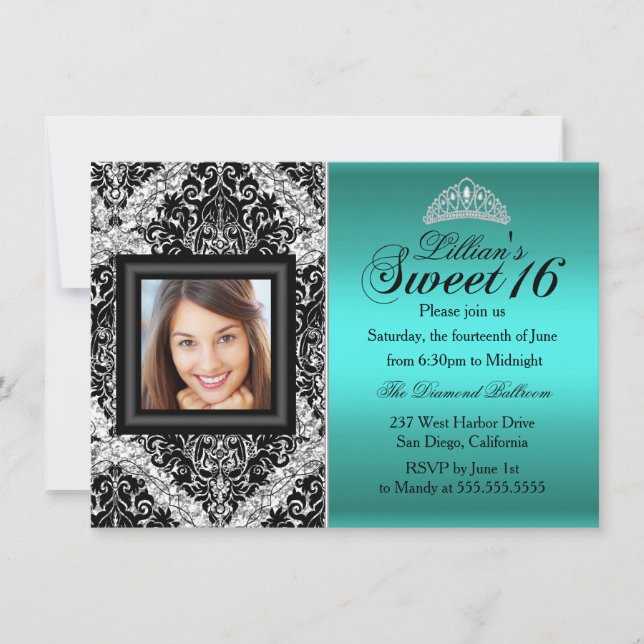 Teal Silver Glitter Damask Photo Sweet 16 Invitation (Front)