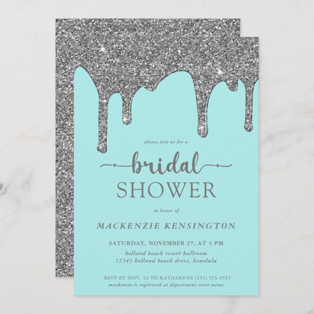 Teal Silver Glitter Drips Bridal Shower Invitation (Front/Back)