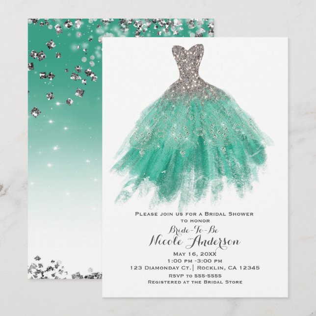 Teal & Silver Glitter Glam Dress Bridal Shower Invitation (Front/Back)