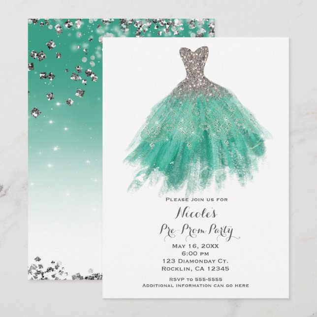 Teal & Silver Glitter Glam Dress Pre Prom Party Invitation (Front/Back)