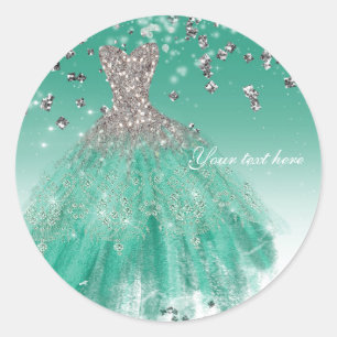 Teal & Silver Glitter Glamour Dress Birthday Party Classic Round Sticker
